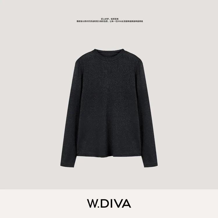 W.Diva【隐耀】日本进口羊绒桑蚕丝细闪高弹力圆领针织女53T142938