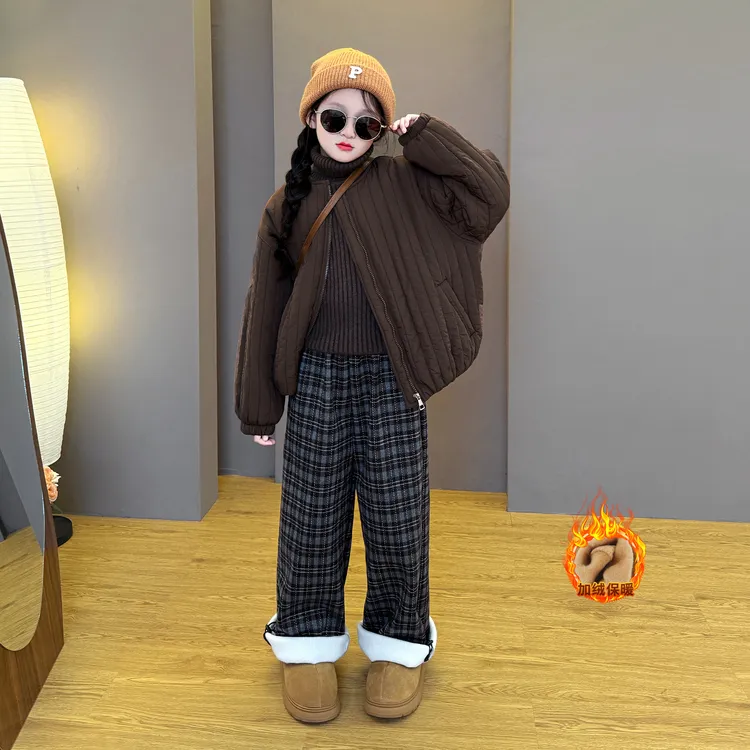 女童2025新款时尚韩版秋冬季格子棉服外套洋气阔腿格子阔腿裤套装