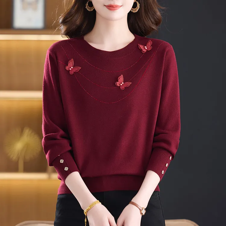 妈妈红色毛衣女春秋2025新款羊毛针织打底衫秋冬内搭洋气小衫气质