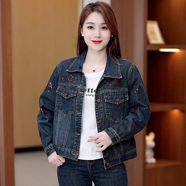 高含棉时尚亮片牛仔短外套女2025年春秋新款宽松显瘦百搭夹克上衣