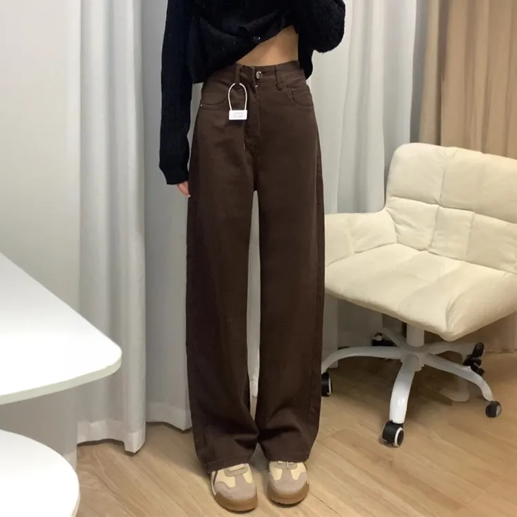 美拉德棕色阔腿裤子女春秋冬牛仔裤女梨形身材高腰显瘦窄版直筒裤