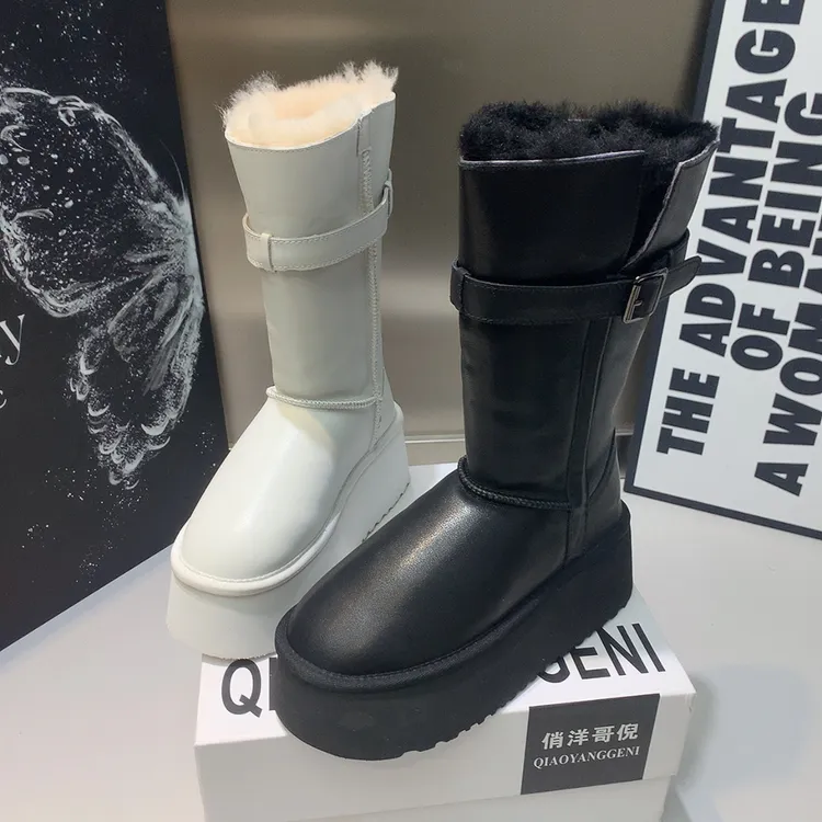 俏洋哥倪681-10-1韩版厚底6公分小个子全皮休闲羊羔毛网红雪地靴