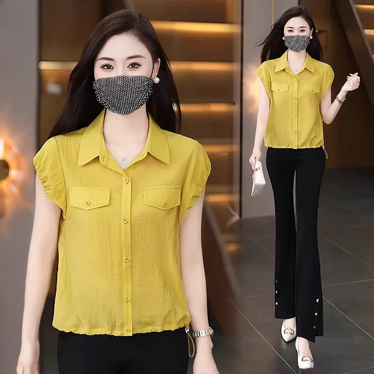 新款老钱风短款衬衫女士夏季设计感气质宽松飞飞袖松弛感翻领衬衣