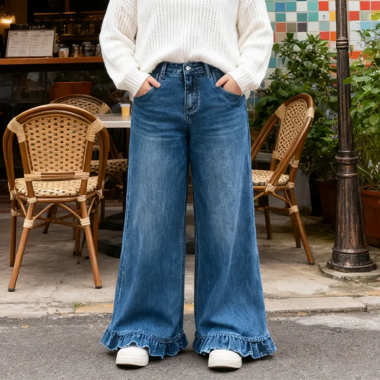 2025秋季大码女装胖mm木耳边高腰微喇牛仔裤女宽松显瘦垂感阔腿裤