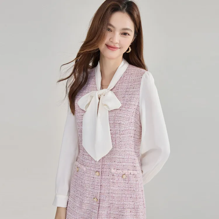 25春法式小香风假两件连衣裙气质通勤拼接飘带领收腰裙子女