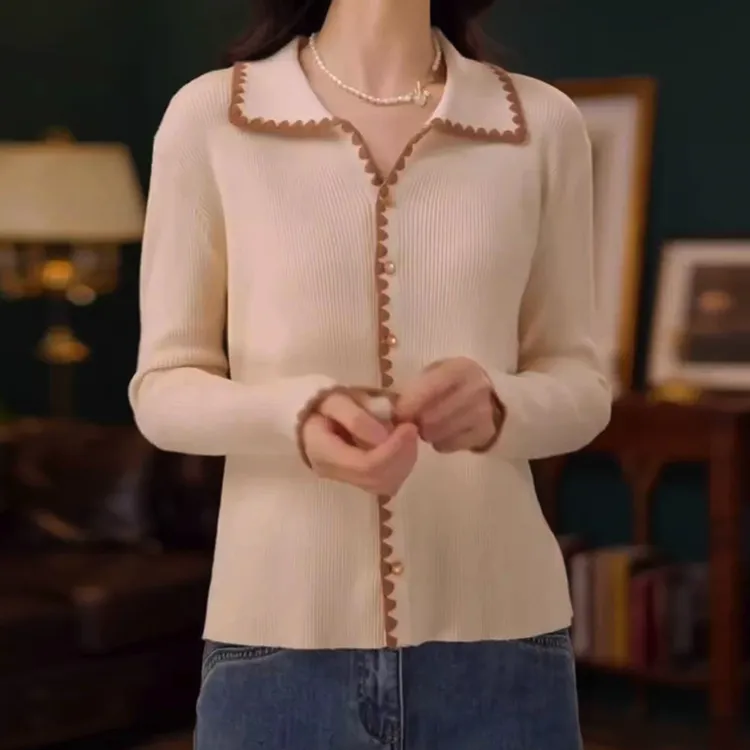 撞色超好看设计感长袖针织衫女2025秋季新款减龄修身内搭打底上衣