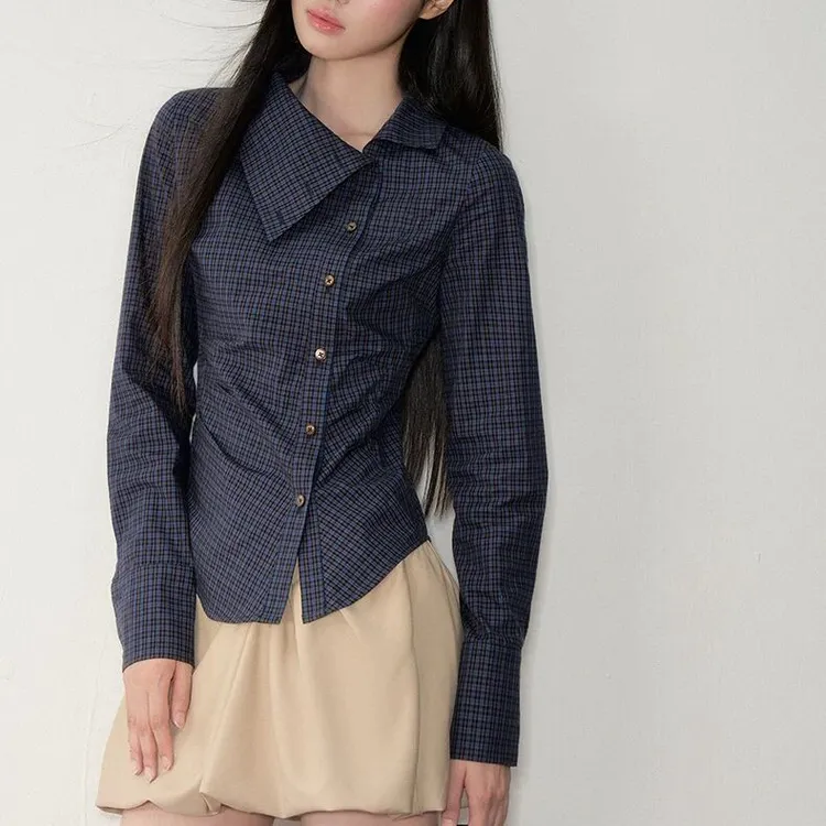 深藏青斜翻领复古格纹掐腰显瘦长袖衬衫上衣女