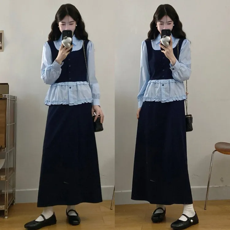 大码胖mm女装秋季新款假两件翻领木耳边长袖衬衫半身裙两件套装女