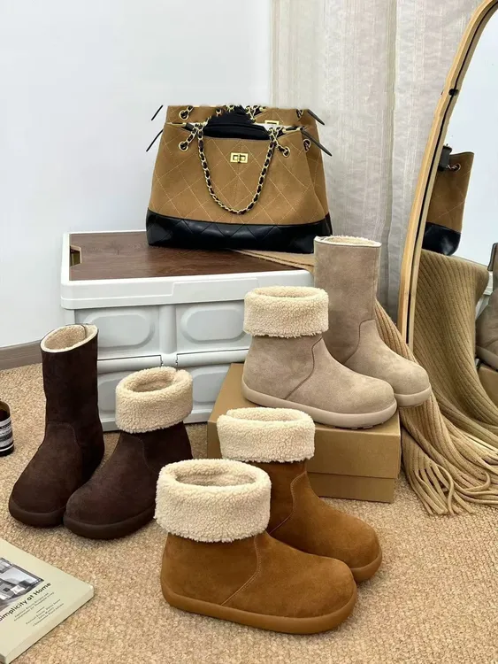 啄木鸟6CM内增高雪地靴女冬新款芒果头两穿厚底翻折短靴加绒棉鞋