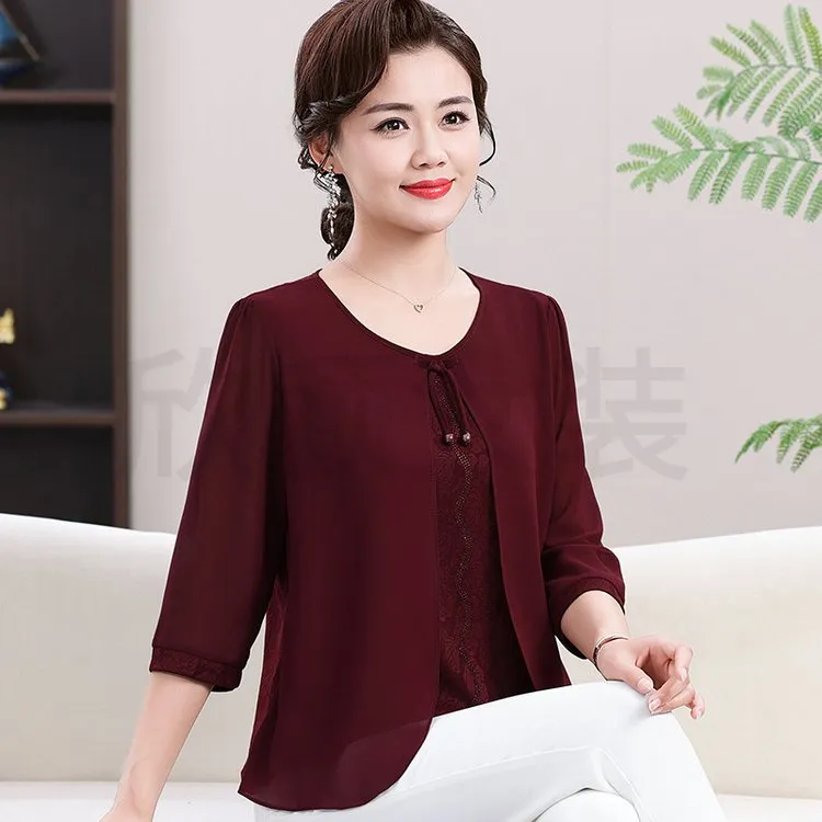 时尚洋气妈妈衬衫假两件T恤2025夏季新款打底衫显瘦高档中袖上衣