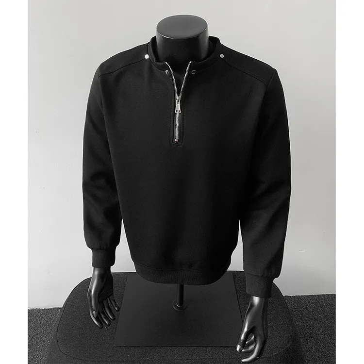 黑色半拉链垫肩卫衣男款春秋美式高街柳钉长袖T恤痞帅重磅短袖