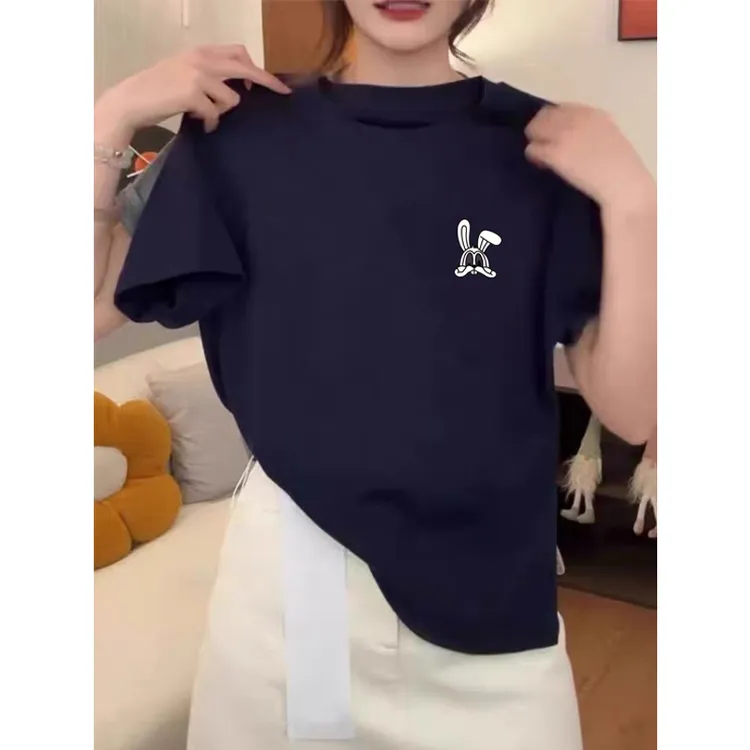 2025新款正肩短袖t恤女装设计感小众时尚百搭洋气藏青色上衣夏季