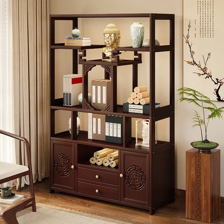 新中式博古架茶室置物架茶叶展示柜楠竹隔断多宝阁博古架展示柜