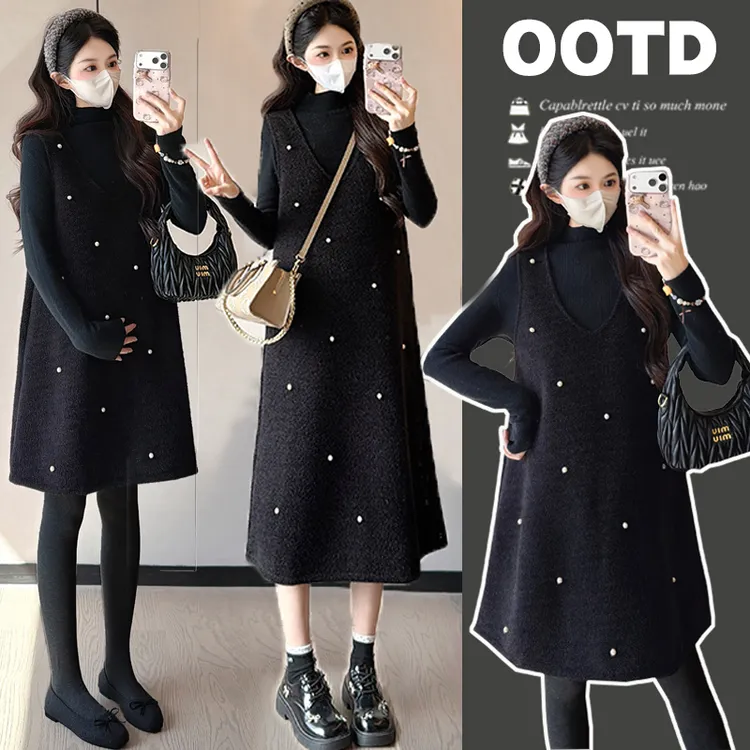 孕妇装秋冬毛妮小香风马甲裙新款高品质加绒加厚减龄套装连衣裙