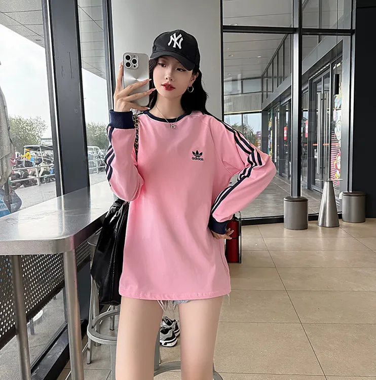 阿迪精选卫衣男女同款秋季三条杠休闲宽松圆领打底衫运动长袖T恤