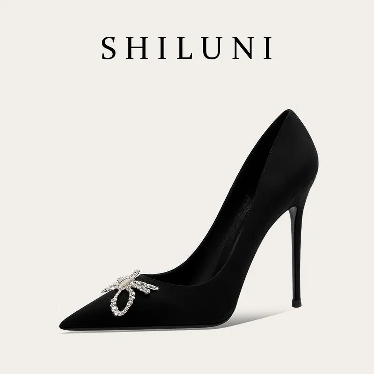 法式蝴蝶结水钻扣黑色绒面千金风高跟鞋女职业尖头单鞋通勤工作鞋
