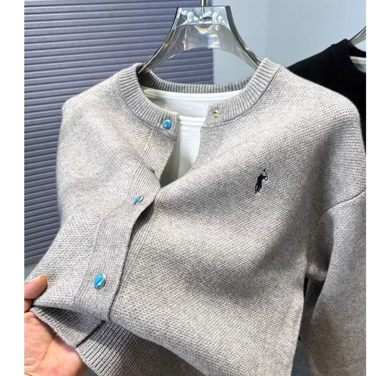 品牌刺绣保罗开衫男针织衫秋冬圆领宝石四合扣毛衣外套男装休闲潮
