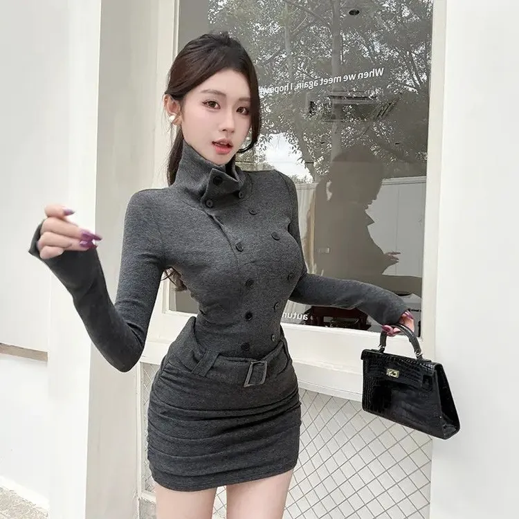 纯欲风高领长袖收腰修身显瘦包臀连衣裙女秋冬款