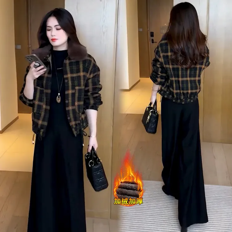 时尚加绒加厚短外套女2025冬季新款洋气显瘦格子拼接保暖夹克上衣