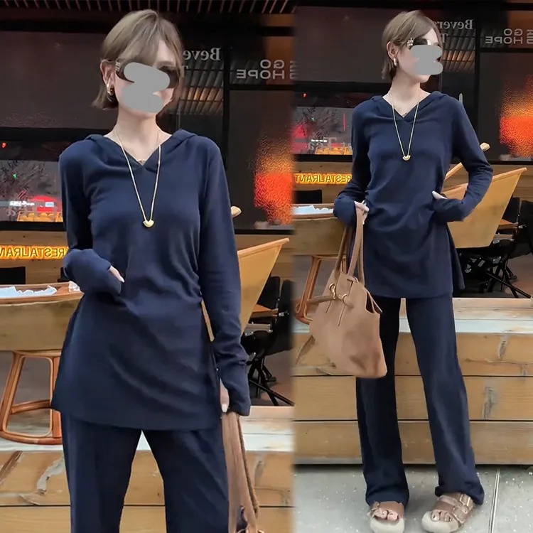 2025年早秋新款韩版时尚休闲套装女连帽上衣配显瘦直筒裤两件套潮