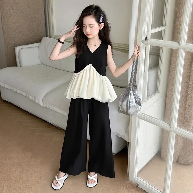 女童夏季法式甜美无袖清凉套装夏款中大童洋气女孩休闲薄款阔腿裤