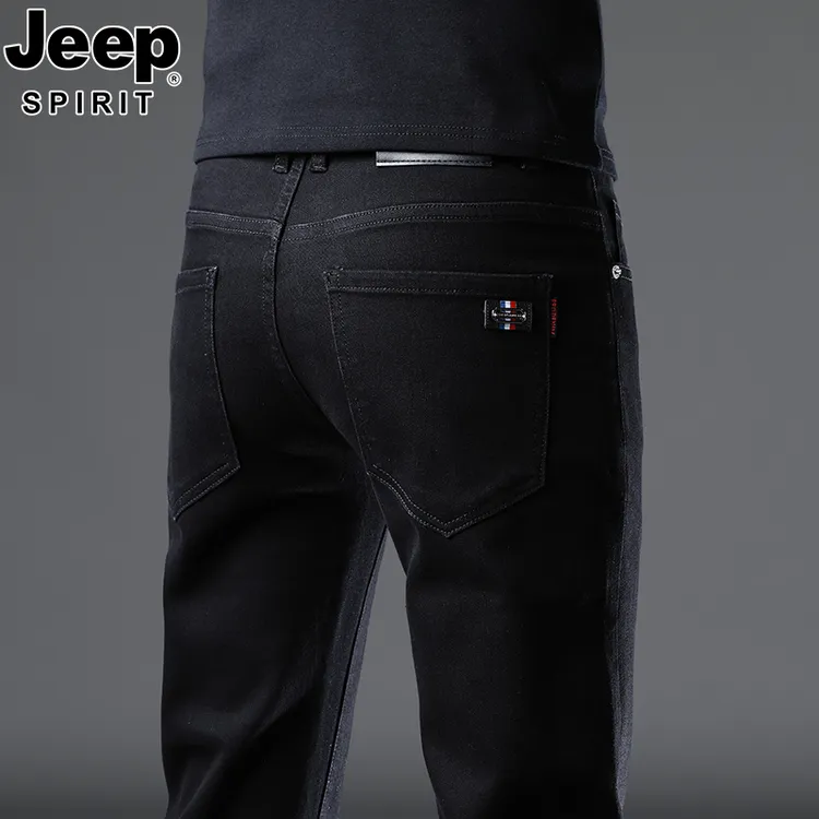 JEEP吉普高端纯黑色牛仔裤男修身直筒潮流男裤秋冬款商务休闲裤子