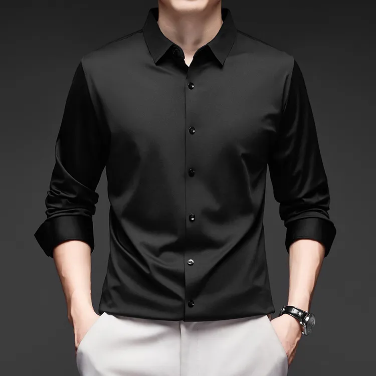 无痕冰丝春秋季纯色长袖男无痕透气弹力男士衬衫正装潮流职业休闲