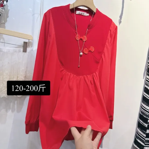 大码韩版国风民族风宽松打底衫大衫