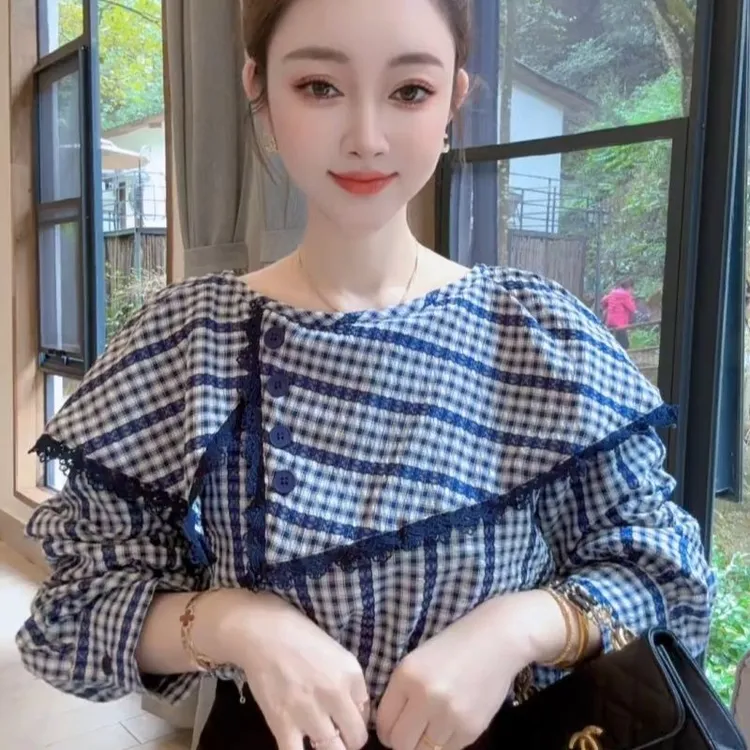复古气质荷叶领长袖格子衬衫不规则设计春季上衣