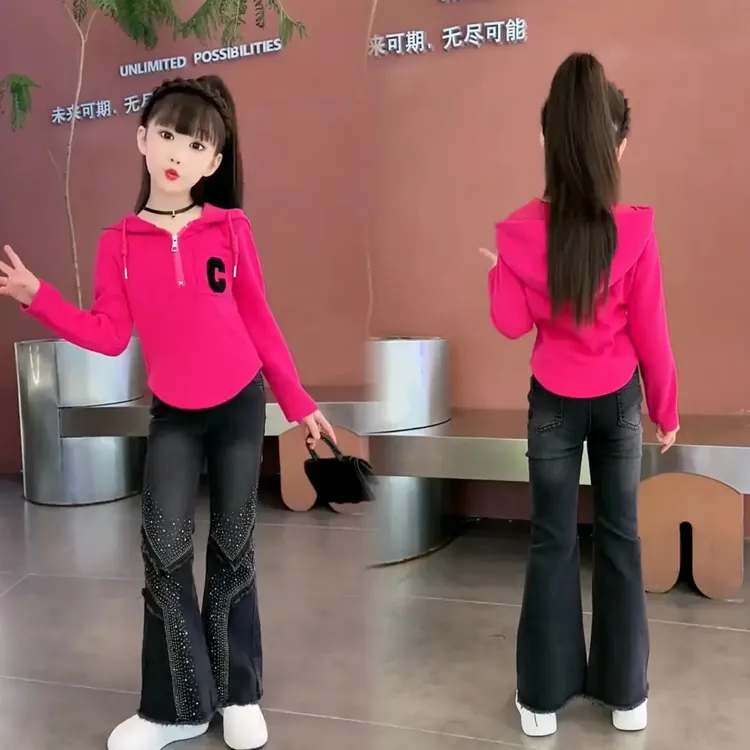 【多巴胺女孩】女童套装春秋洋气设计感烫钻喇叭裤连帽卫衣两件套潮