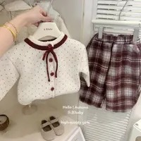现秋冬【乐恩童装】女童季新款爱心毛线衣开衫格子一体加绒裤套装