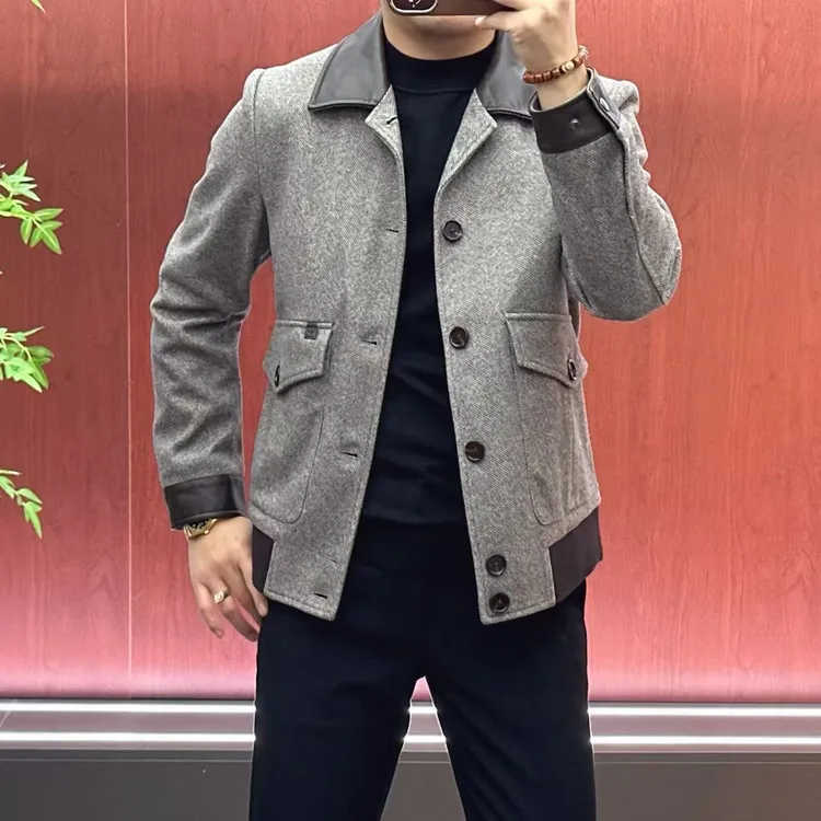 25886【推荐款】男士欧货秋季拼皮款毛呢夹克外套.酷