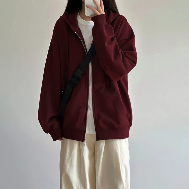连帽卫衣女秋冬开衫外套安可拉酒红色美式高级感大码潮慵懒风上衣