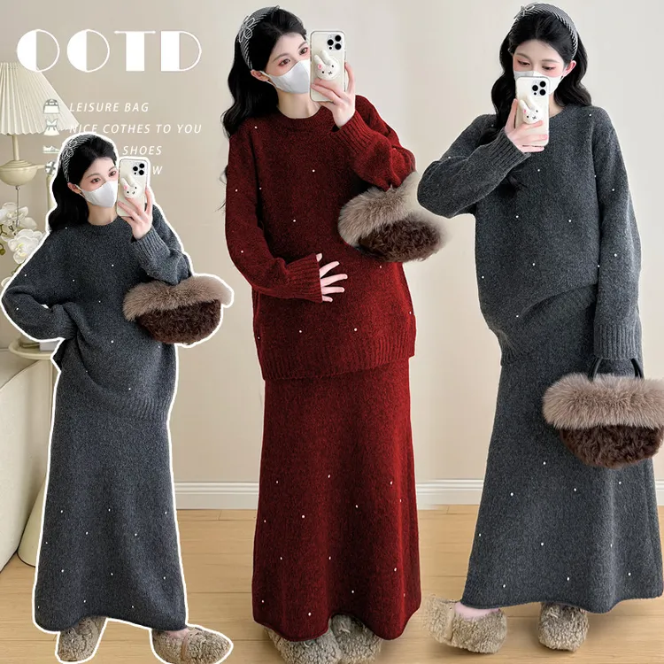 孕妇装秋冬新款百搭软糯重工钉珠减龄红色毛衣高腰松紧半身裙套装
