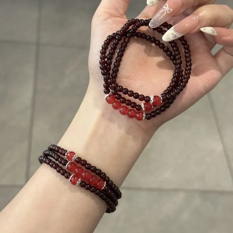 中式好运石榴红三圈手链国风百搭红珠闺蜜手串