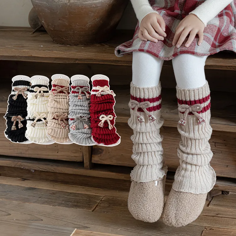 秋冬季儿童袜套女童韩系蝴蝶结小腿堆堆袜洛丽塔针织保暖中筒袜子