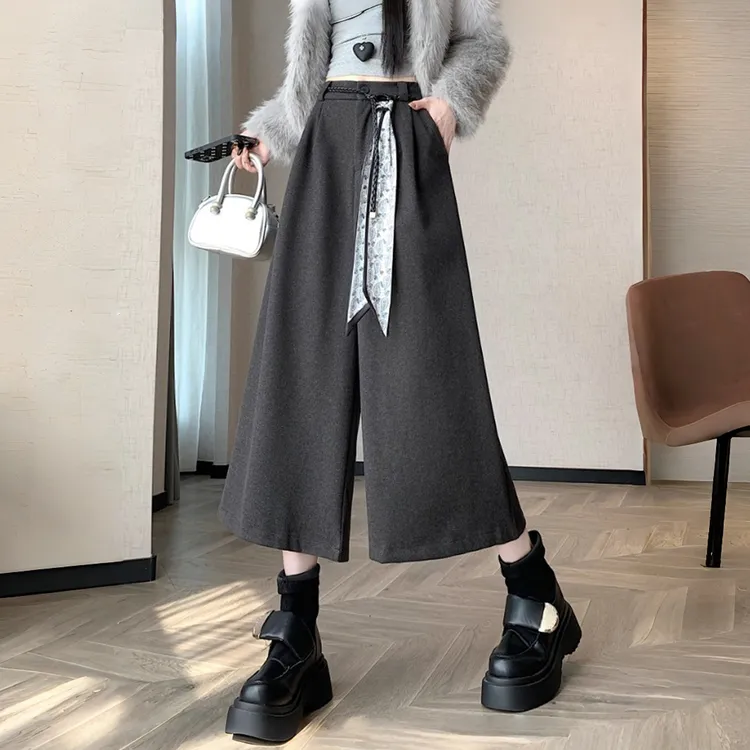 深灰色毛呢八分阔腿裤女秋冬新款老钱风高腰宽松显瘦直筒休闲裤子