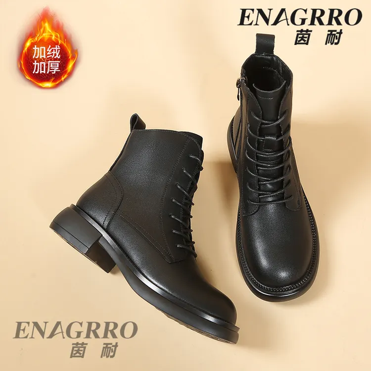 茵耐ENAGRRO马丁靴黑色中筒女靴常规款女秋冬加绒防水台D88双商品图