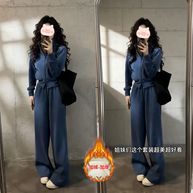 高级感时尚运动套装女冬季新款显瘦韩版学生卫衣加绒两件套休闲裤