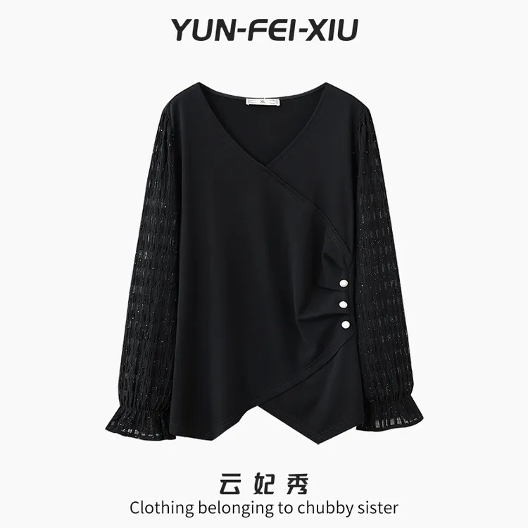 云妃秀大码女装T恤时尚休闲微胖宽松显瘦减龄v领气质百搭秋12911