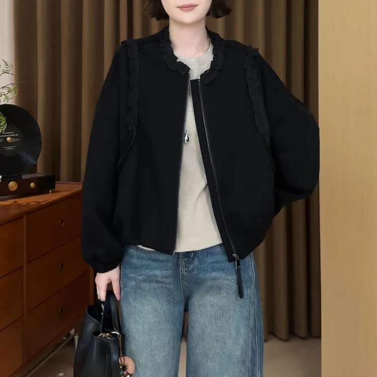 时尚百搭休闲短款外套女2025秋季新款宽松显瘦木耳边拼接长袖上衣
