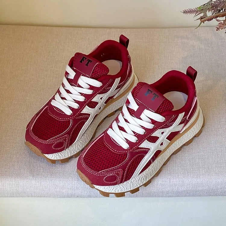 显脚小德训鞋女款2025新款秋季阿甘鞋网面爆款红色鞋子运动休闲鞋