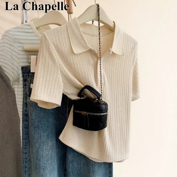拉夏贝尔时尚气质修身polo衫夏季新款针织短袖t恤女正肩半袖上衣