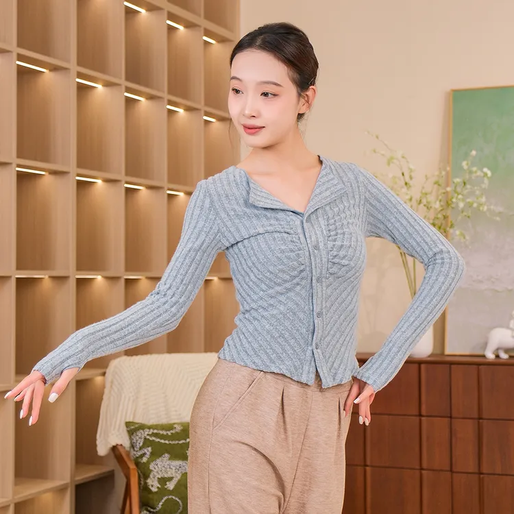 23165新款日常形体练功服成人女现代舞长袖修身针织磨毛V领上衣