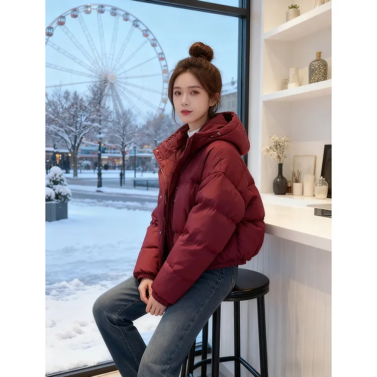 欧货时尚连帽棉服女款小个子秋冬加厚面包服本命红色保暖棉袄外套