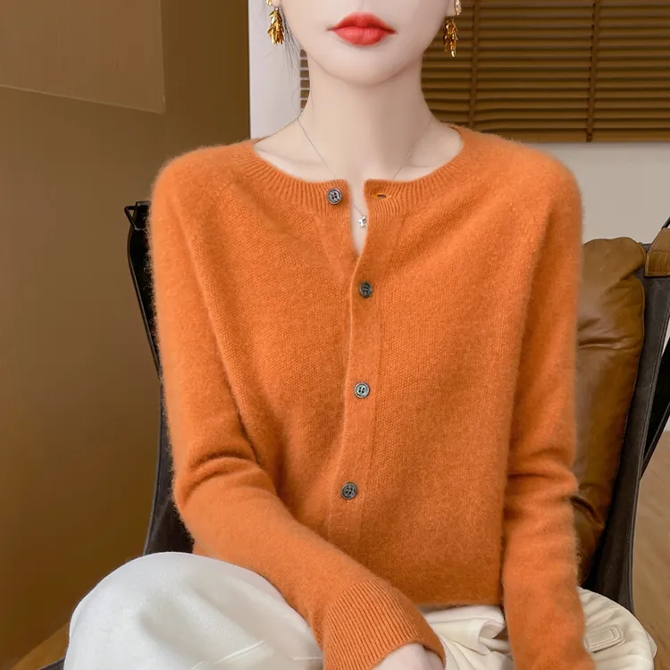 一线成衣桂花针开衫100澳洲羊毛衫四季保暖圆领春秋冬外套女毛衣