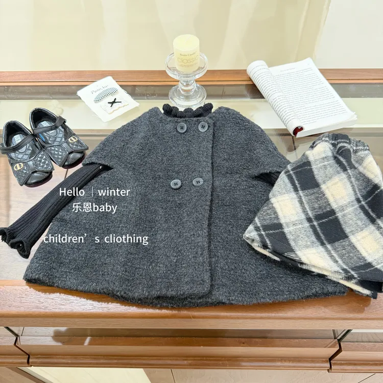 【乐恩baby】年服冬季女宝宝灰色呢子斗篷格子短裙韩版千金风套装