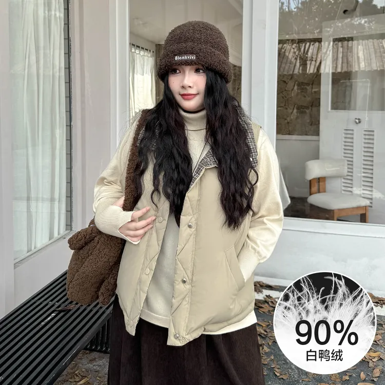DD8182大码女装【暖呼呼小奶包】90白鸭绒羽绒格纹马甲秋冬保暖外套