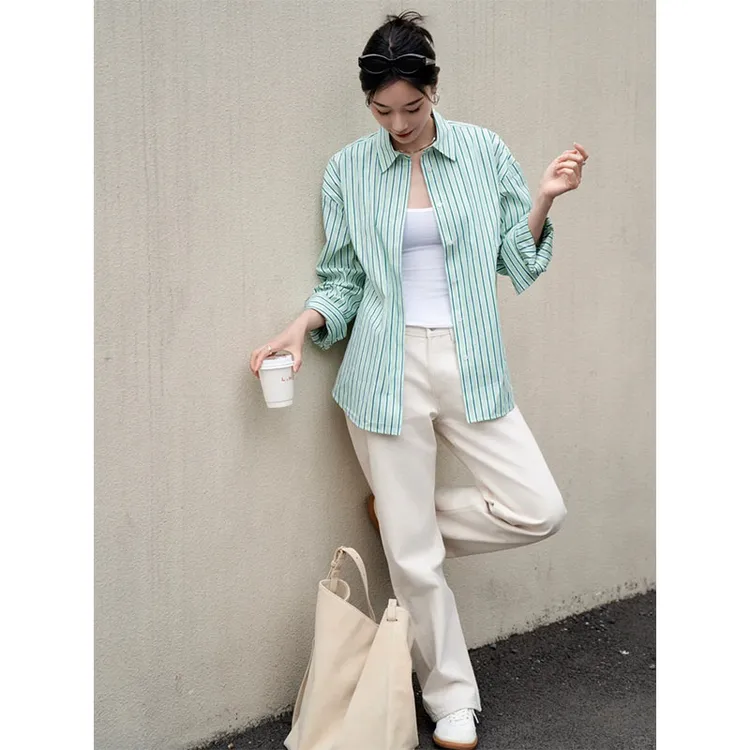 春季新款时尚休闲百搭设计感小众条纹衬衫高腰显瘦修身裤子女