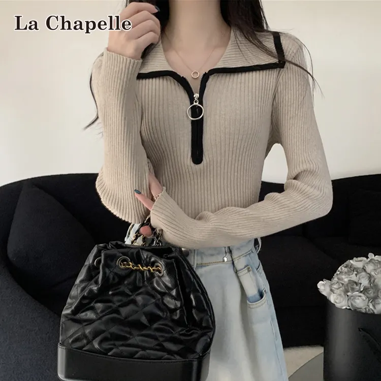 拉夏贝尔半拉链正肩polo领长袖针织衫女秋冬保暖打底毛衣修身上衣